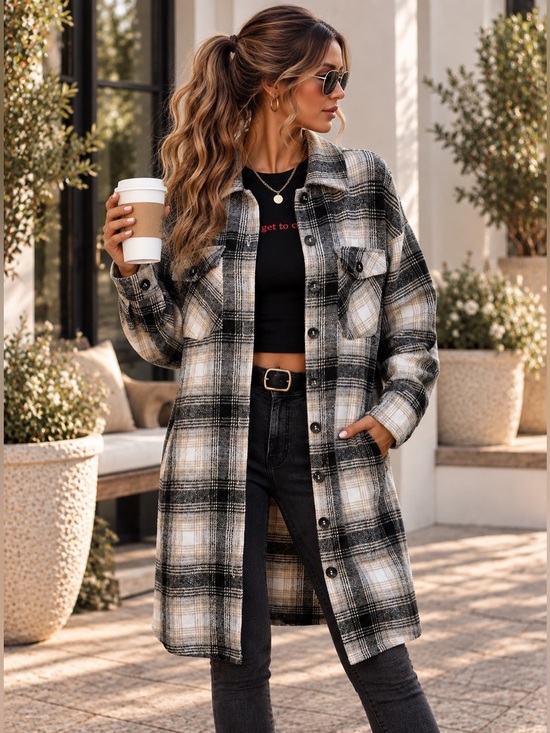 Jackets & Blazers - NWT Plaid Button Down Shacket Jacket Long Sleeve Coat With Pockets - Fall Jacket